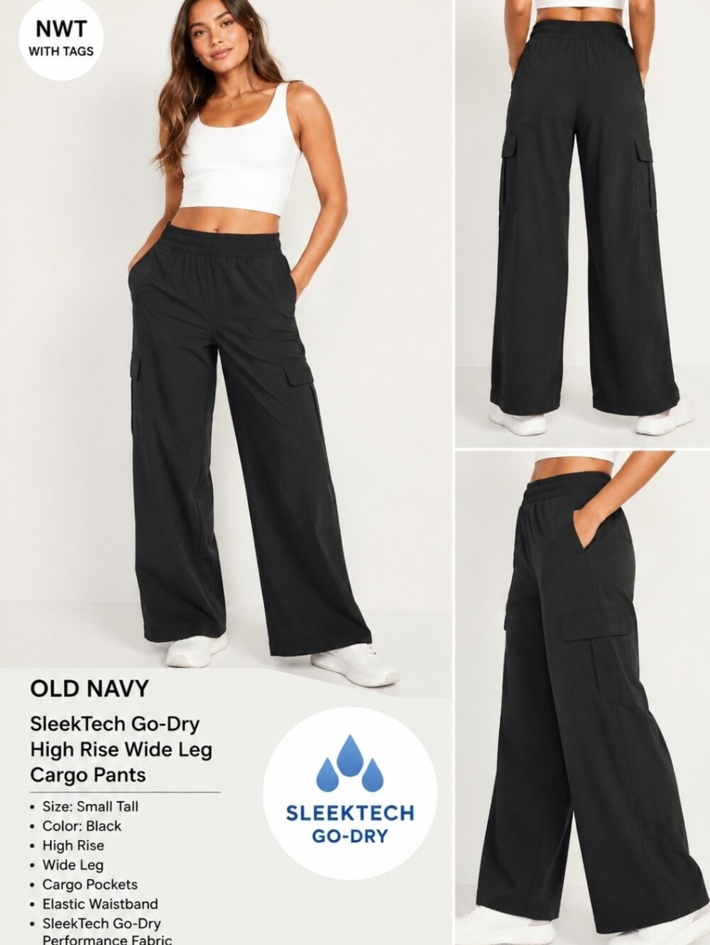 NWT Old Navy SleekTech Go-Dry High Rise Wide Leg Cargo Pants S Tall